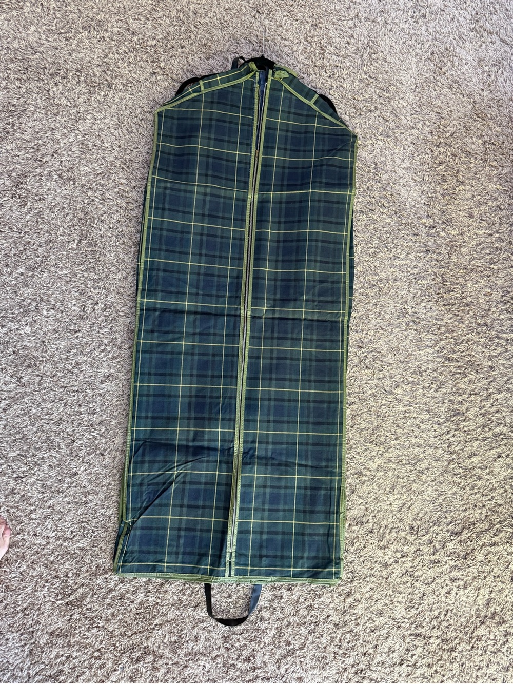 Vintage green/blue tartan plaid vinyl garment bag with zip and folded handles